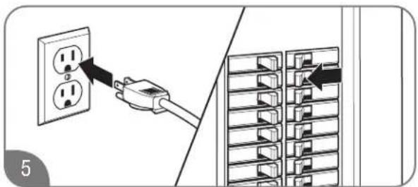 Diagram showing a plug inserted into an electrical outlet with two outlets, alongside a close-up of the internal grid of switches or sockets.