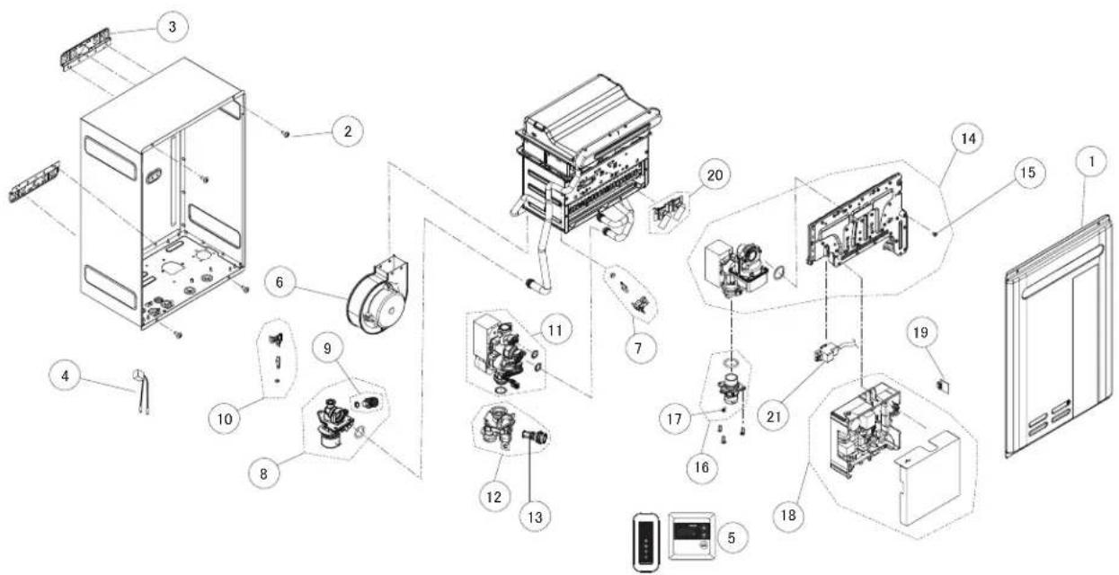 Exploded view diagram of a refrigerator internal components with numbered labels for identification