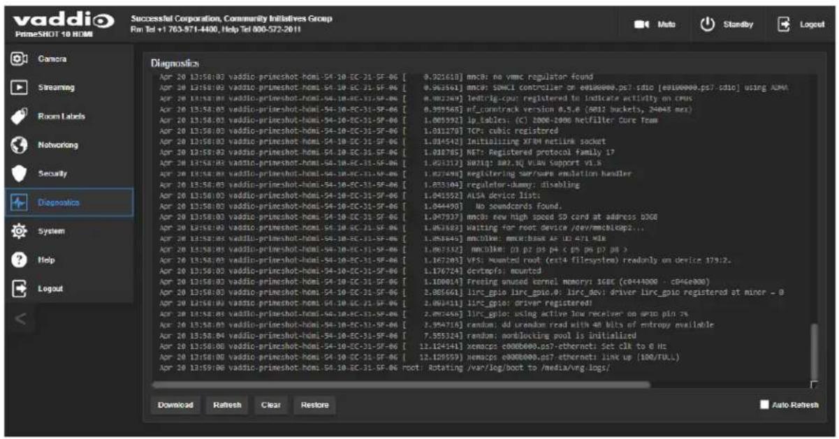 vaddio PrimeSHOT 10 HOMI Successful Corporation, Community Initiatives Group Rim Tel +1 763-971-4400, Help Tel 800-572-2011 Camera Streaming Room Labels Networking Security Diagnostics System Help Logout Diagnostics Apr 20 13:58:03 vaddio-primeshot-hDMI-54-10-EC-31-5F-06 [ 0.921618] mnc8: no vmmc regulator found Apr 20 13:58:03 vaddio-primeshot-hDMI-54-10-EC-31-5F-06 [ 0.963661] mnc8: SDMC1 controller or e0100000.ps7 sdio [e0100000.ps7 sdio] using ALMA Apr 20 13:58:03 vaddio-primeshot-hDMI-54-10-EC-31-5F-06 [ 0.982249] ledrig-cpu: registered to indicate activity on cmus Apr 20 13:58:03 vaddio-primeshot-hDMI-54-10-EC-31-5F-06 [ 0.999565] nfコーマrack version 0.5.6 (AM2 buckets, 24045 mex) Apr 20 13:58:03 vaddio-primeshot-hDMI-54-10-EC-31-5F-06 [ 1.005992] ip_tables: (c) 2008-2009 Netfiller Cure Team Apr 20 13:58:03 vaddio-primeshot-hDMI-54-10-EC-31-5F-06 [ 1.031779] TCP: cubic registered Apr 20 13:58:03 vaddio-primeshot-hDMI-54-10-EC-31-5F-06 [ 1.034542] Initializing XFVM netlink socket Apr 20 13:58:03 vaddio-primeshot-hDMI-54-10-EC-31-5F-06 [ 1.037875] NET: Registered protocol family 17 Apr 20 13:58:03 vaddio-primeshot-hDMI-54-10-EC-31-5F-06 [ 1.023172] NRTiq: #82.3Q VLAN support vi.i.s Apr 20 13:58:03 vaddio-primeshot-hDMI-54-10-EC-31-5F-06 [ 1.027494] registering sur/save emulation handler Apr 20 13:58:03 vaddio-primeshot-hDMI-54-10-EC-31-5F-06 [ 1.033104] regulator-dummy: disabling Apr 20 13:58:03 vaddio-primeshot-hDMI-54-10-EC-31-5F-06 [ 1.041552] ALSA device list; Apr 20 13:58:03 vaddio-primeshot-hDMI-54-10-EC-31-5F-06 [ 1.044498] No soundcards found. Apr 20 13:58:03 vaddio-primeshot-hDMI-54-10-EC-31-5F-06 [ 1.947937] mnc8: new high speed SD card at address DDBG Apr 20 13:58:03 vaddio-primeshot-hDMI-54-10-EC-31-5F-06 [ 1.963682] Waiting for root device /dev/mmcblcap2... Apr 20 13:58:03 vaddio-primeshot-hDMI-54-10-EC-31-5F-06 [ 1.958445] mnc@kw: mmx@box AF IP #7/1 MLK Apr 20 13:58:03 vaddio-primeshot-hDMI-54-10-EC-31-5F-06 [ 1.967932] mnc@klw: p3 p2 p5 p4 c p5 p6 p7 p8 > Apr 20 13:58:03 vaddio-primeshot-hDMI-54-10-EC-31-5F-06 [ 1.967297] VFS: Mounted root (ext4 filesystem) readonly on device 179i2. Apr 20 13:58:03 vaddio-primeshot-hDMI-54-10-EC-31-5F-06 [ 1.176724] devtmpfs: mounted Apr 20 13:58:03 vaddio-primeshot-hDMI-54-10-EC-31-5F-06 [ 1.190947] Freeing unused kernel memory: IGBK (c#444999 - c#46e999) Apr 20 13:58:03 vaddio-primeshot-hDMI-54-10-EC-31-5F-06 [ 2.985661] lirc_gpio lirc_gpio, o: lirc_dwi: driver lire_gpio registered ot minor - o Apr 20 13:58:03 vaddio-primeshot-hDMI-54-10-EC-31-5F-06 [ 2.992431] lirc_gpio: driver registered! Apr 20 13:58:03 vaddio-primeshot-hDMI-54-10-EC-31-5F-06 [ 2.997456] lirc_gpio: using active low receiver on spin pin zs Apr 20 13:58:03 vaddio-primeshot-hDMI-54-10-EC-31-5F-06 [ 2.994716] random: dd urendom read with 48 bits of entropy available Apr 20 13:58:04 vaddio-primeshot-hDMI-54-10-EC-31-5F-06 [ 7.955324] random: nonblocking pool is initialized Apr 20 13:58:08 vaddio-primeshot-hDMI-54-10-EC-31-5F-06 [ 12.124441] xenacps c998b69b.p57 etherneti Set clk to O Hz Apr 20 13:58:08 vaddio-primeshot-hDMI-54-10-EC-31-5F-06 [ 12.128559] xenacps c998b69b.p57 etherneti link up (fng/FUL) Apr 20 13:59:08 vaddio-primeshot-hDMI -S4 -E C -S F -O root; Rotating /var/log/boot to /media/vrg.logs/ Download Refresh Clear Restore Auto Refresh