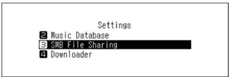 Settings 2 Music Database 3 SMB File Sharing 4 Downloader