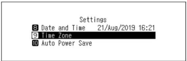 Settings 8 Date and Time 21/Aug/2019 16:21 9 Time Zone 10 Auto Power Save