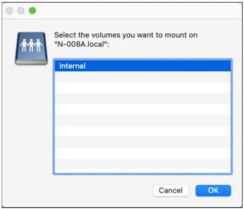 Select the volumes you want to mount on "N-008A.local": Internal Cancel OK