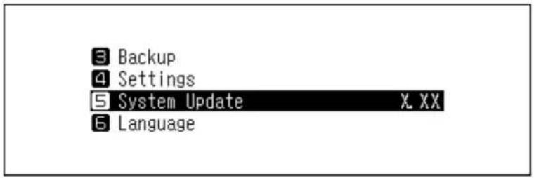 3 Backup 4 Settings 5 System Update X.XX 6 Language