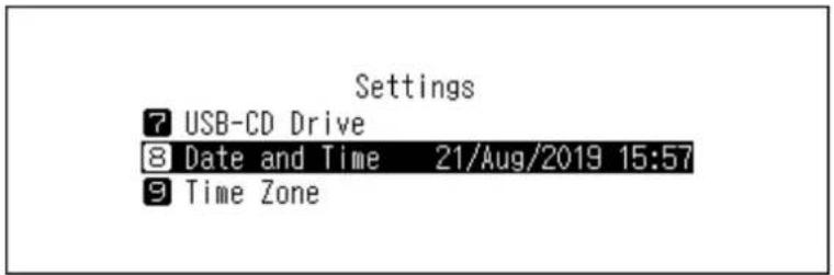 Settings 7 USB-CD Drive 8 Date and Time 21/Aug/2019 15:57 9 Time Zone