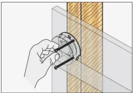 Illustration of a hand holding a mechanical component against a wooden panel, with no visible text or symbols.