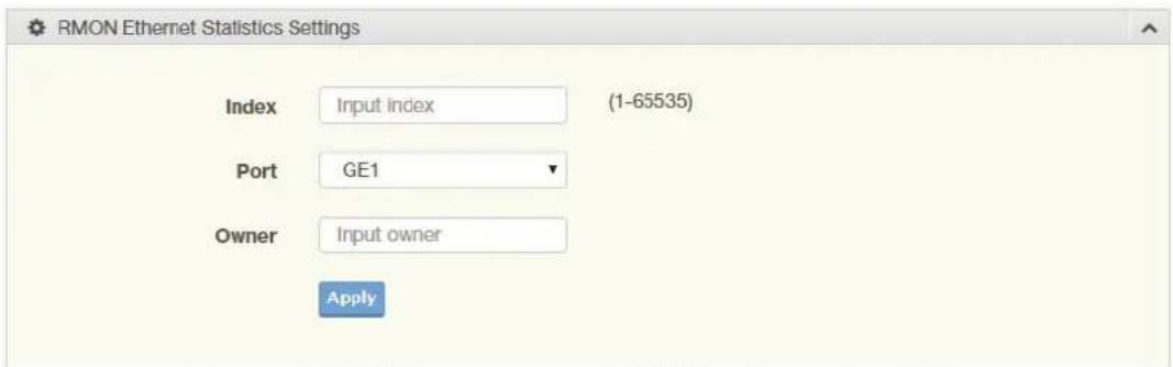 RMON Ethernet Statistics Settings Index Input index (1-65535) Port GE1 Owner Input owner Apply