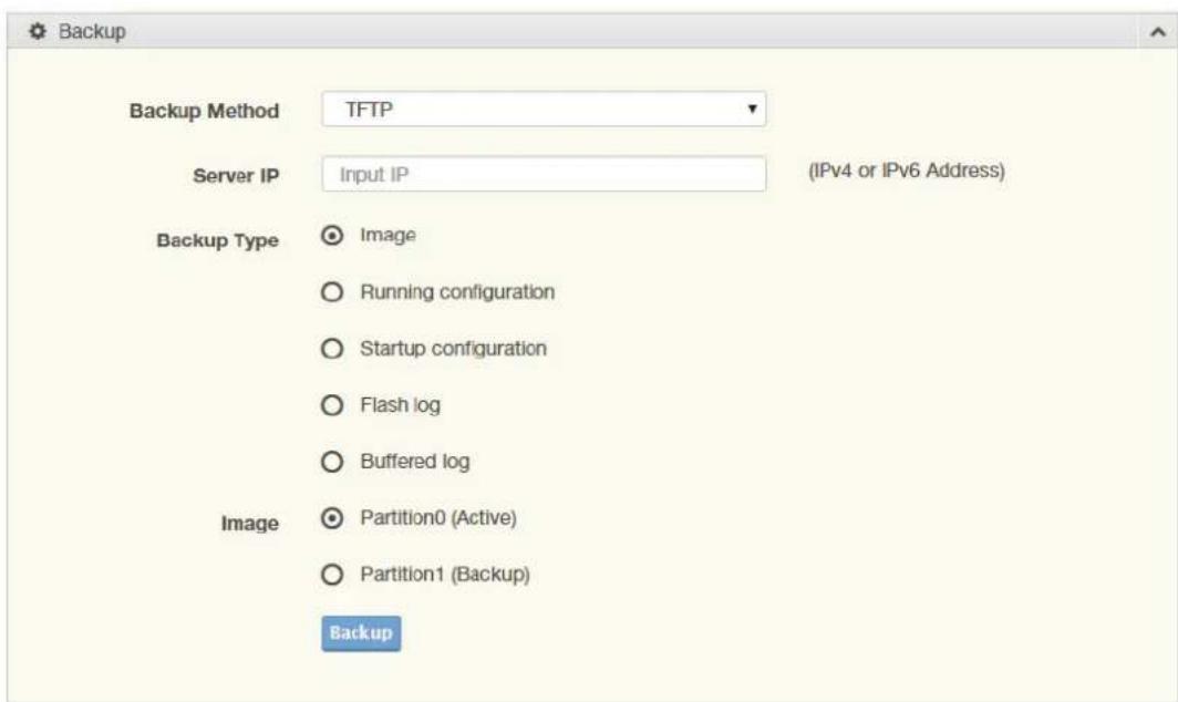 Backup Backup Method TFTP Server IP Input IP (IPv4 or IPv6 Address) Backup Type Image Running configuration Startup configuration Flash log Buffered log Image Partition0 (Active) Partition1 (Backup) Backup