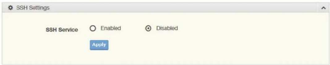 SSH Settings SSH Service ○ Enabled ○ Disabled Apply