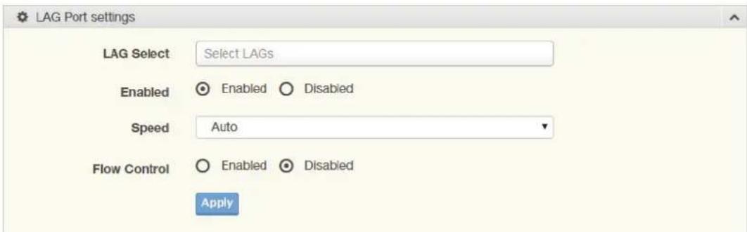 LAG Port settings LAG Select Select LAGs Enabled Enabled Disabled Speed Auto Flow Control Enabled Disabled Apply