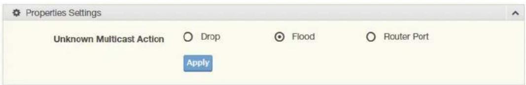 Properties Settings Unknown Multicast Action ○ Drop ○ Flood ○ Router Port Apply