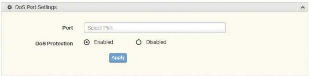 DoS Port Settings Port Select Port DoS Protection Enabled Disabled Apply