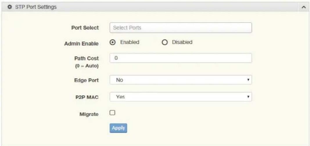 STP Port Settings Port Select Select Ports Admin Enable Enabled Disabled Path Cost 0 (0 = Auto) Edge Port No P2P MAC Yes Migrate Apply