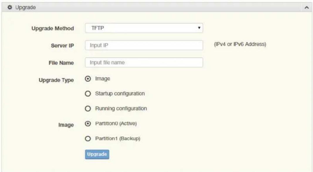 Upgrade Upgrade Method TFTP Server IP Input IP (IPv4 or IPv6 Address) File Name Input file name Upgrade Type Image Startup configuration Running configuration Image Partition0 (Active) Partition1 (Backup) Upgrade