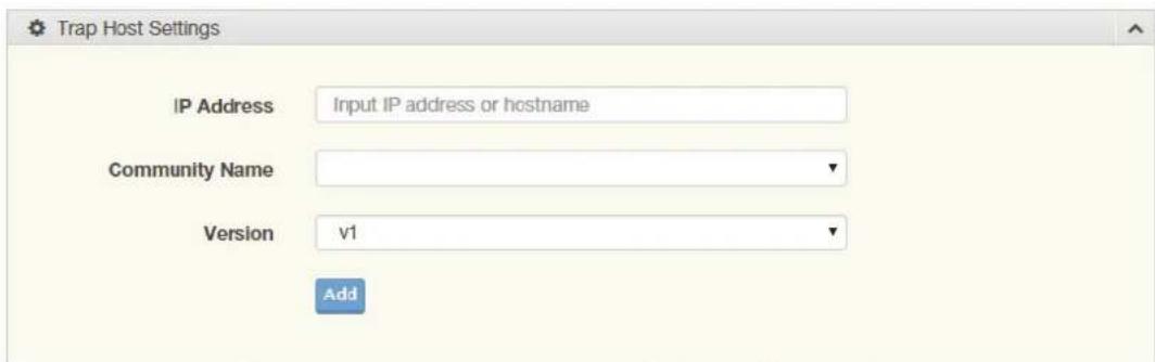 Trap Host Settings IP Address Input IP address or hostname Community Name Version v1 Add
