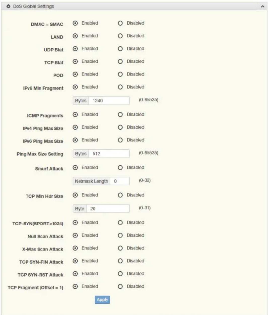 DoS Global Settings DMAC = SMAC ● Enabled ○ Disabled LAND ● Enabled ○ Disabled UDP Blat ● Enabled ○ Disabled TCP Blat ● Enabled ○ Disabled POD ● Enabled ○ Disabled IPv6 Min Fragment ● Enabled ○ Disabled Bytes 1240 (0-65535) ICMP Fragments ● Enabled ○ Disabled IPv4 Ping Max Size ● Enabled ○ Disabled IPv6 Ping Max Size ● Enabled ○ Disabled Ping Max Size Setting Bytes 512 (0-65535) Smurf Attack ● Enabled ○ Disabled Netmask Length 0 (0-32) TCP Min Hdr Size ● Enabled ○ Disabled Byte 20 (0-31) TCP-SYN(SPORT<1024) ● Enabled ○ Disabled Null Scan Attack ● Enabled ○ Disabled X-Mas Scan Attack ● Enabled ○ Disabled TCP SYN-FIN Attack ● Enabled ○ Disabled TCP SYN-RST Attack ● Enabled ○ Disabled TCP Fragment (Offset = 1) ● Enabled ○ Disabled Apply