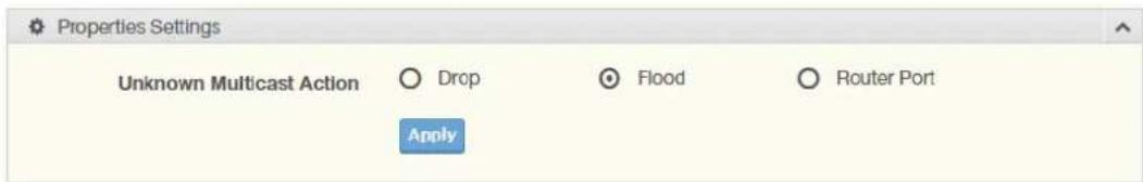 Properties Settings Unknown Multicast Action ○ Drop ○ Flood ○ Router Port Apply