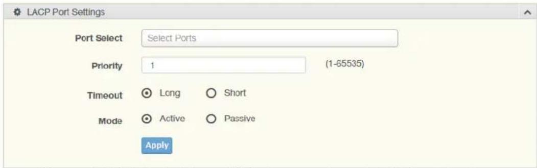 LACP Port Settings Port Select Select Ports Priority 1 (1-65535) Timeout Long Short Mode Active Passive Apply