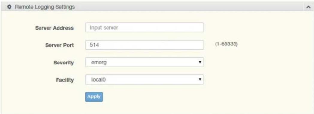 Remote Logging Settings Server Address Input server Server Port 514 (1-65535) Severity emerg Facility local0 Apply