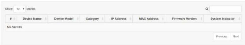 Show 10 entries Device Name Device Model Category IP Address MAC Address Firmware Version System Indicator No devices Previous Next