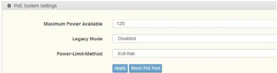PoE System Settings Maximum Power Available 120 Legacy Mode Disabled Power-Limit-Method Icut-max Apply Reset PoE Port