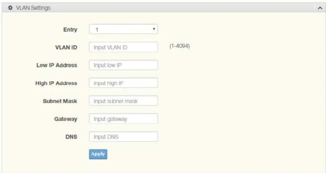 VLAN Settings Entry 1 VLAN ID Input VLAN ID (1-4094) Low IP Address Input low IP High IP Address Input high IP Subnet Mask Input subnet mask Gateway Input gateway DNS Input DNS Apply
