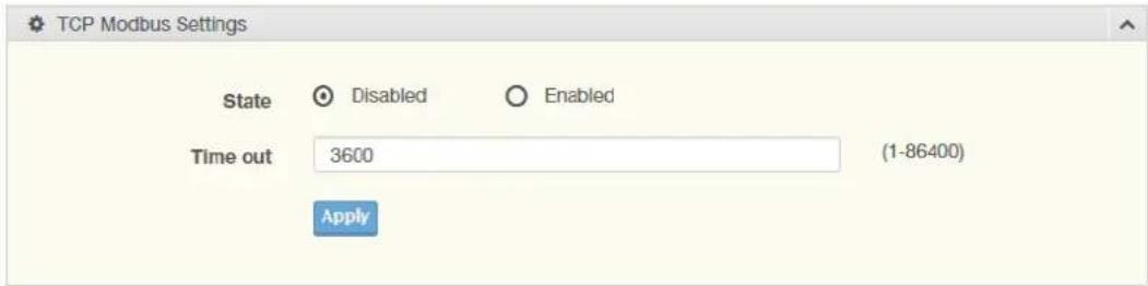 TCP Modbus Settings State Disabled Enabled Time out 3600 (1-86400) Apply