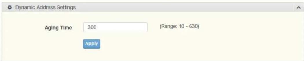 Dynamic Address Settings Aging Time 300 (Range: 10 - 630) Apply