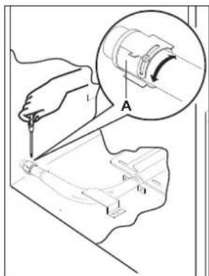 Technical diagram showing mechanical assembly with labeled parts and a magnified inset view of a component labeled 'A'