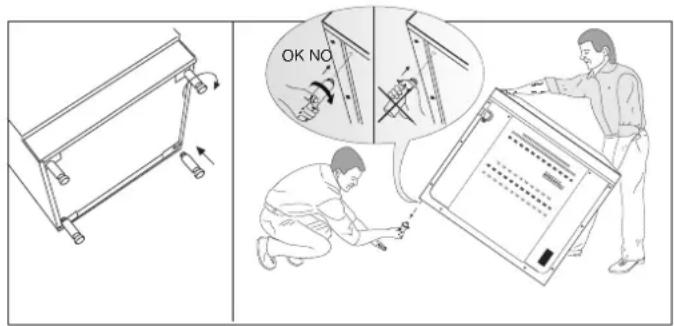Technical diagram showing a mechanical device with rotation and a close-up of a person adjusting equipment, annotated with 'OK NO' instruction.