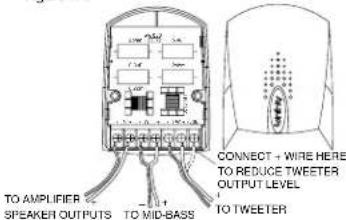 TO AMPLIFIER SPEAKER OUTPUTS TO MID-BASS CONNECT + WIRE HERE TO REDUCE TWEETER OUTPUT LEVEL TO TWEETER