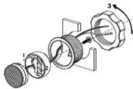 Technical diagram of a mechanical assembly with numbered components and directional arrows indicating motion or flow.
