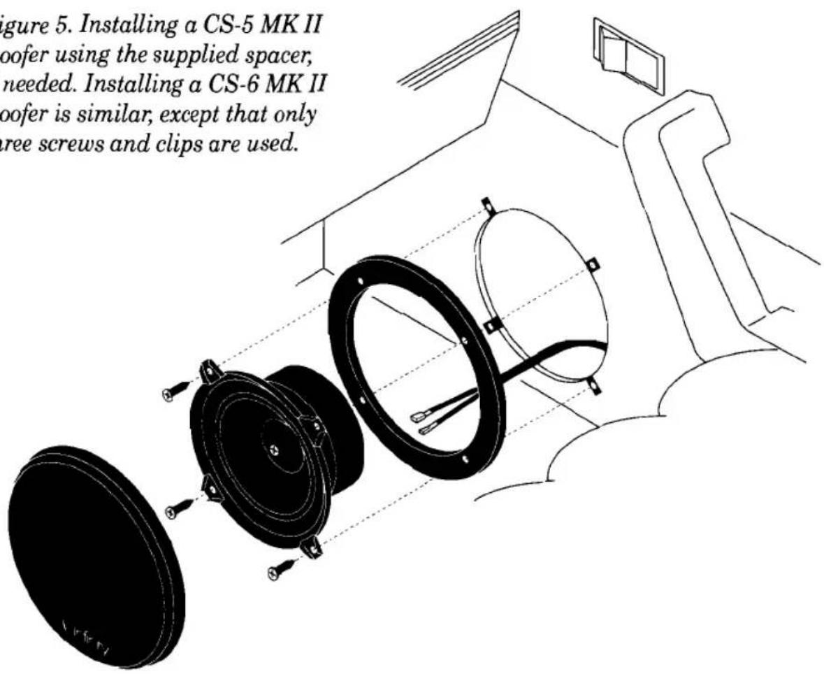 Figure 5. Installing a CS-5 MK II woofer using the supplied spacer, needed. Installing a CS-6 MK II woofer is similar, except that only free screws and clips are used.
