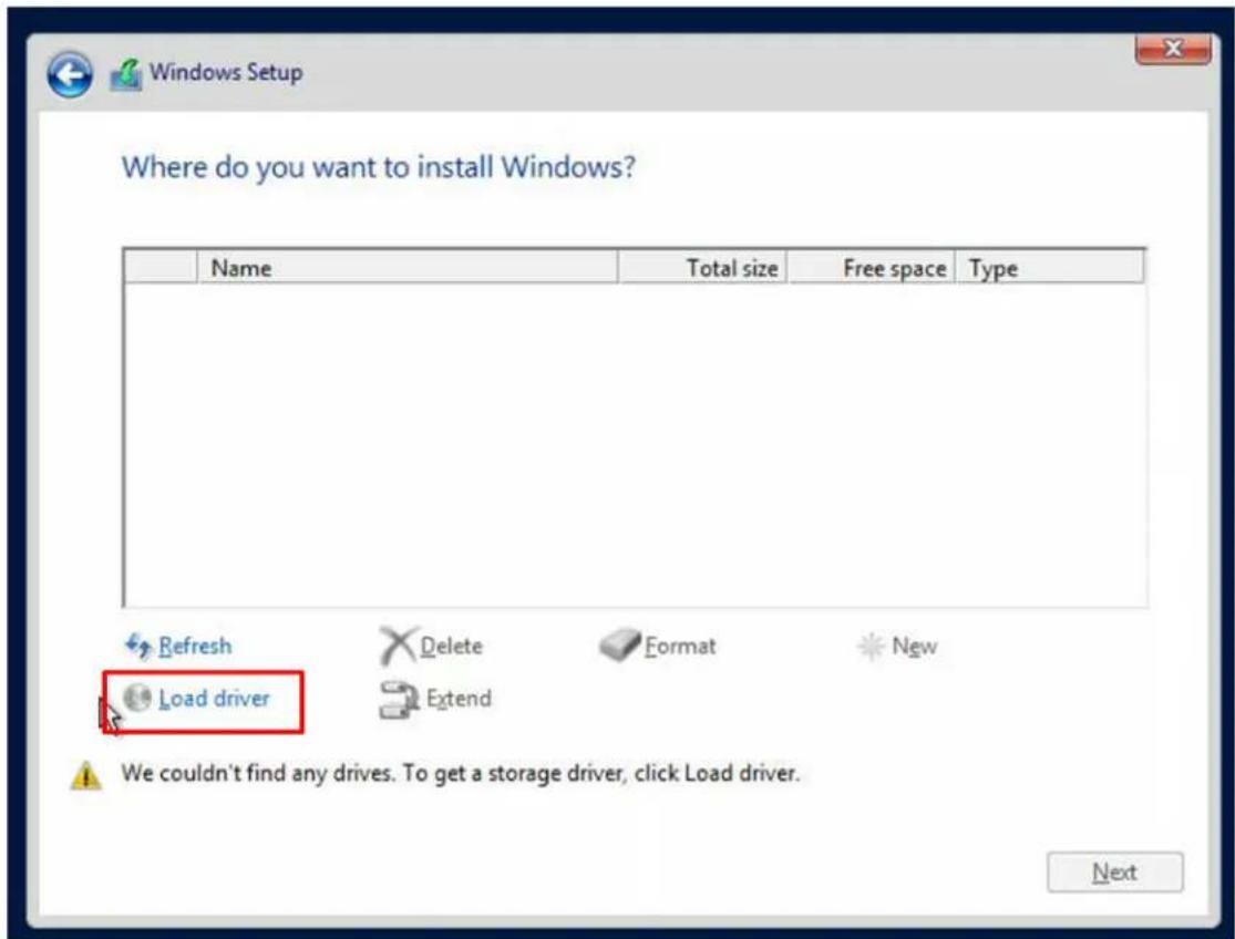 Where do you want to install Windows? Name Total size Free space Type Refresh Delete Format New Load driver Extend We couldn't find any drives. To get a storage driver, click Load driver. Next
