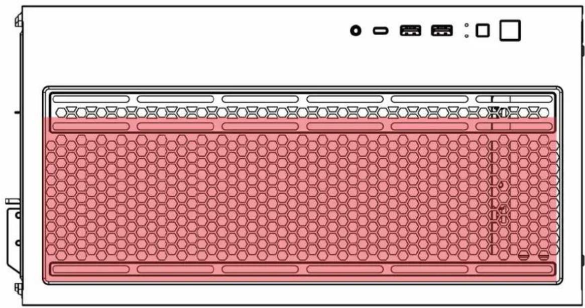 Top-down schematic of a rectangular device with hexagonal grid pattern and control panel (no text or symbols)