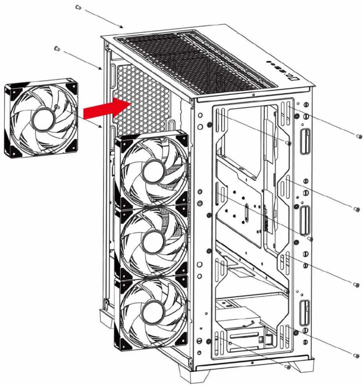 Technical diagram of a desktop computer tower with fan layout and ventilation slots, annotated with Chinese text indicating component selection.