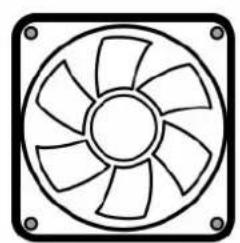 Line drawing of a fan with six blades, no text or symbols present