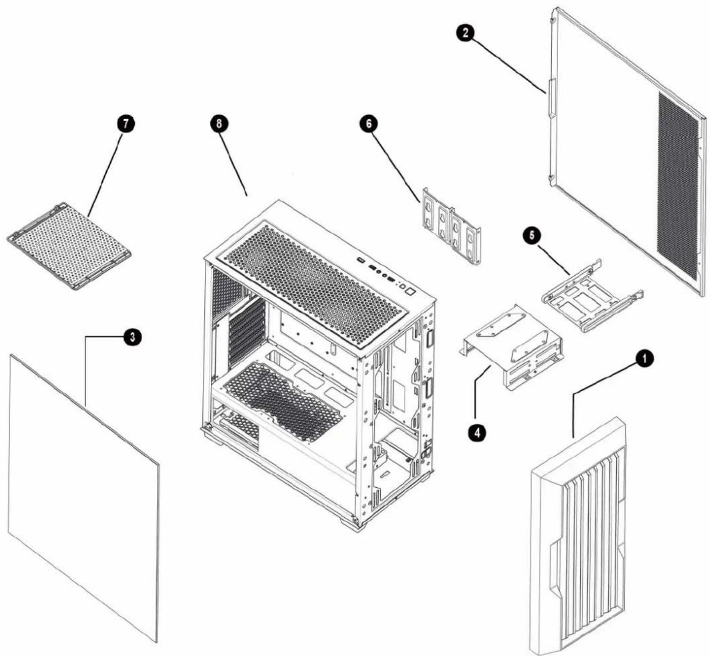 Exploded view diagram of a desktop computer tower with numbered components for identification