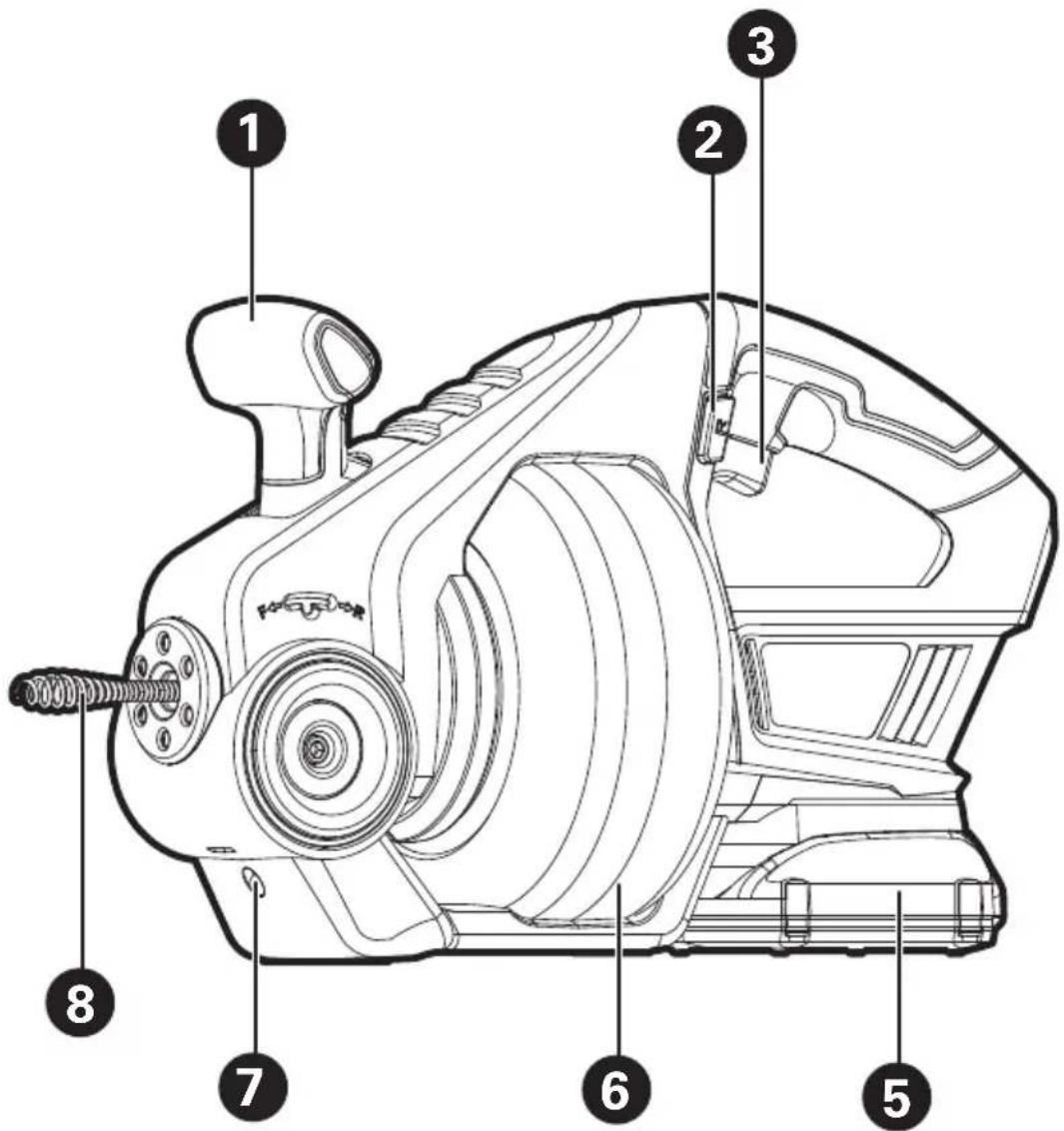 Technical diagram of a mechanical device with numbered parts labeled 1 through 8