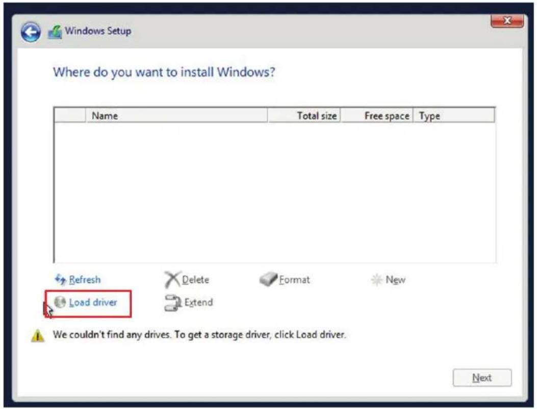 Where do you want to install Windows? Name Total size Free space Type Refresh Delete Format New Load driver Extend We couldn't find any drives. To get a storage driver, click Load driver. Next