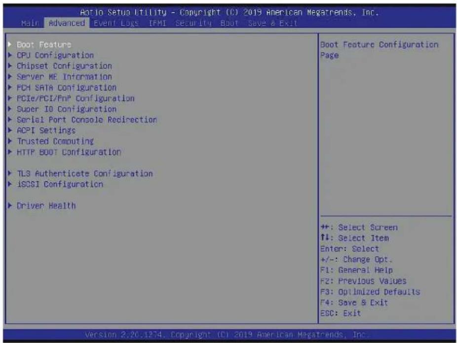 Auto Setup Utility - Copyright (C) 2019 American Megatrends, Inc. Main Advanced Event Logs IFMI Security Boot Save & Exit ▶ Boot Feature ▶ CPU Configuration ▶ Chipset Configuration ▶ Server ME Information ▶ PCH SATA Configuration ▶ PCIe/PCI/FnP Configuration ▶ Super IO Configuration ▶ Serial Port Console Redirection ▶ ACPI Settings ▶ Trusted Computing ▶ HTTP BOOT Configuration ▶ TLS Authenticate Configuration ▶ iSOSI Configuration ▶ Driver Health Boot Feature Configuration Page ++: Select Screen ↑↓: Select Item Enter: Select +/-: Change Opt. F1: General Help F2: Previous Values F3: Optimized Defaults F4: Save & Exit ESC: Exit Version 2.20.1274. Copyright (C) 2019 American Megatrends, Inc.