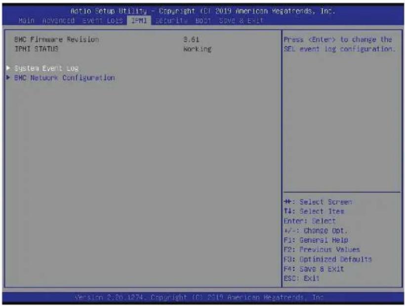 AEC Setup Utility - Copyright (C) 2019 American Hepatrends, Inc. Main Advanced event logs IPMI security boot save & exit BMC Firmware Revision 3.61 IPNI STATUS Working ► System Event Log ► EMC Network Configuration Press to change the SEL event log configuration. +: Select Screen T4: Select Item Enter: Select +/-: Change Opt. F1: General Help F2: Previous Values F3: Optimized Defaults F4: Save & EXIT ESC: Exit! Version 2:20.1274. Copyright (C) 2019 American Hepatrends, Inc.