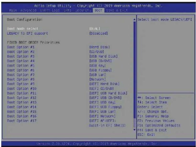 Boot Configuration Boot mode select LEGACY to EFI support FIXED BOOT ORDER Priorities Boot Option #1 Boot Option #2 Boot Option #3 Boot Option #4 Boot Option #5 Boot Option #6 Boot Option #7 Boot Option #8 Boot Option #9 Boot Option #10 Boot Option #11 Boot Option #12 Boot Option #13 Boot Option #14 Boot Option #15 Boot Option #16 Boot Option #17 [DRAL] [Disabled] [Hard Disk] [CD/DVD] [USB Hard Disk] [USB CD/DVD] [USB Key] [USB Floppy] [USB Lan] [Network] [UEFI Hard Disk] [UEFI CD/DVD] [UEFI USB Hard Disk] [UEFI USB CD/DVD] [UEFI USB Key] [UEFI USB Floppy] [UEFI USB Lan] [UEFI Network] [UEFI AP:UEFI: Built-In EFI Shell] Select boot mode LEGACY/LEFI +: Select Screen T4: Select Item Enter: Select +/-: Change Opt. F1: General Help F2: Previous Values F3: Optimized Defaults F4: SAVE & EXIT ESC: Exit Version 2.20.1274, Copyright (C) 2019 American Hepatrends, Inc.