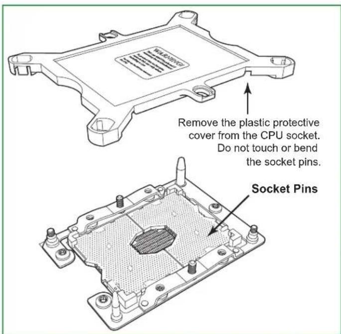 Remove the plastic protective cover from the CPU socket. Do not touch or bend the socket pins. Socket Pins