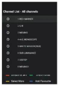 Channel List - All channels 1 RED/MANAGER 2 USB 3 MOVING 4 4x3 MONOSCOPE 5 WHITE WINDOW(ROS) 6 SUB LUMINANCE 7 32STEP 8 MOVING1 ARCH: 102.4x4 Select More Add Favourite