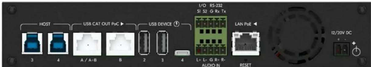 HOST USB CAT OUT PoC USB DEVICE ① 3 4 A / A+B B 2 3 4 I/O R5-232 S1 S2 G Rx Tx LAN PoE ◀ L+ L- G R+ R- AUDIO IN RESET 12/20V DC