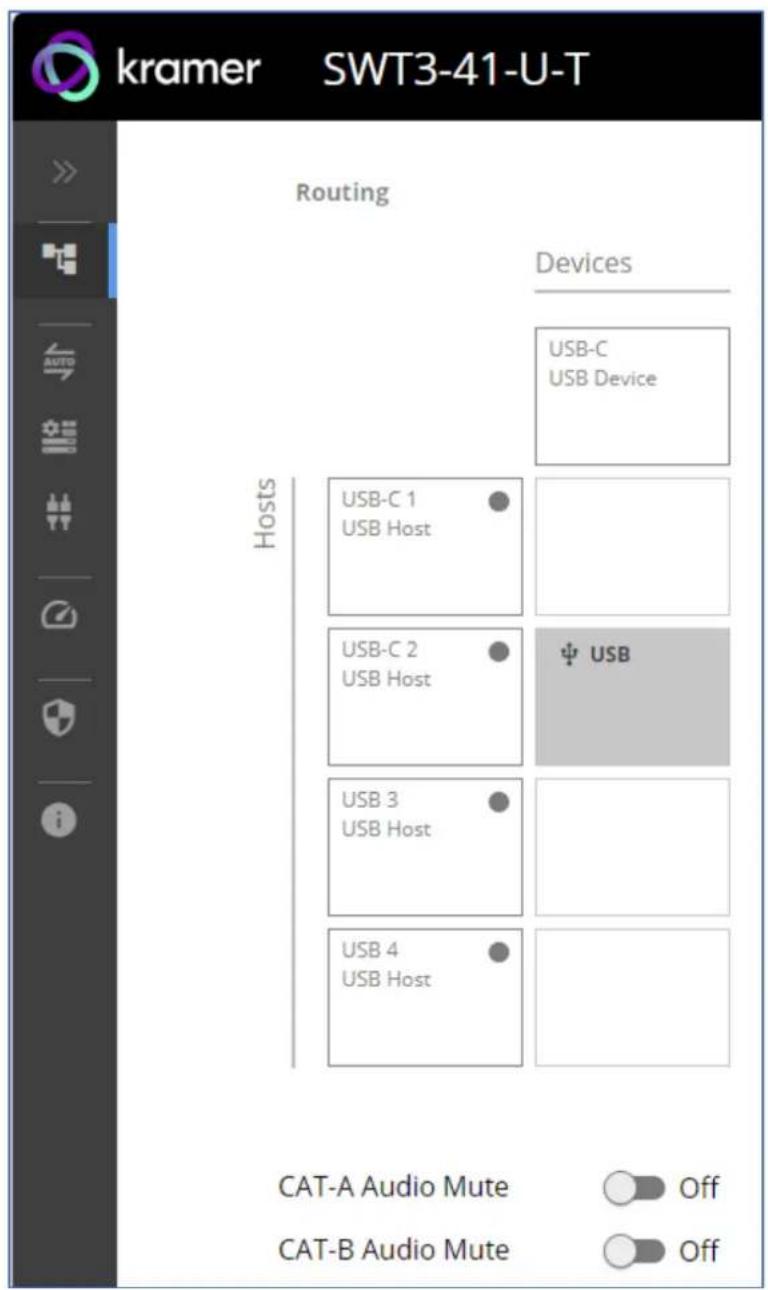 kramer SWT3-41-U-T Routing Devices USB-C USB Device Hosts USB-C 1 USB Host USB-C 2 USB Host USB USB 3 USB Host USB 4 USB Host CAT-A Audio Mute Off CAT-B Audio Mute Off