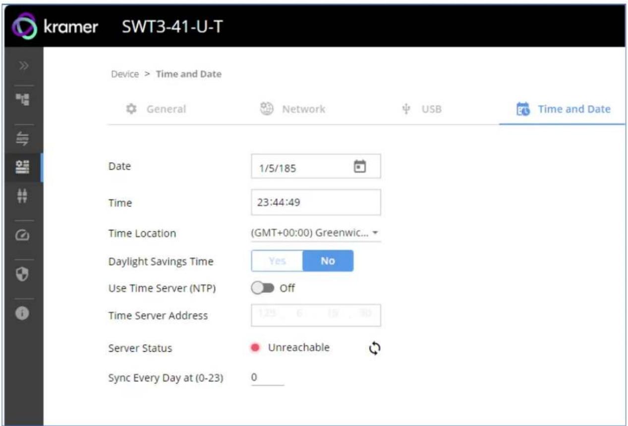 kramer SWT3-41-U-T Device > Time and Date General Network USB Time and Date Date 1/5/185 Time 23:44:49 Time Location (GMT+00:00) Greenwic... Daylight Savings Time Yes No Use Time Server (NTP) Off Time Server Address 123 6 15 30 Server Status Unreachable Sync Every Day at (0-23) 0
