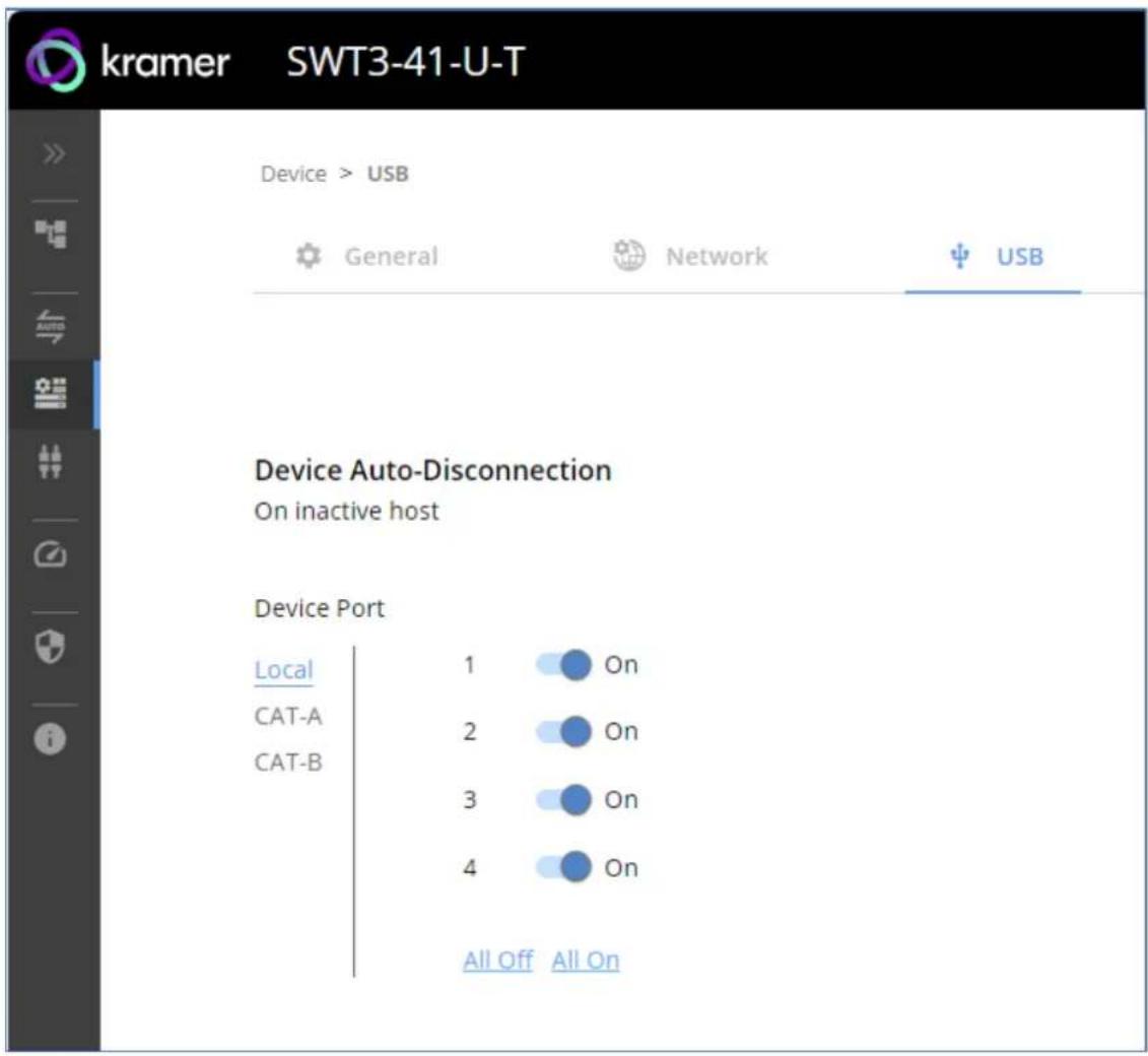 kramer SWT3-41-U-T Device > USB General Network USB Device Auto-Disconnection On inactive host Device Port Local 1 On CAT-A 2 On CAT-B 3 On All Off All On