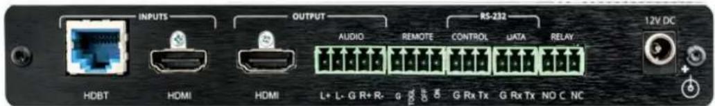 INPUTS OUTPUT AUDIO REMOTE CONTROL DATA RELAY RS-232 HDBT HDMI HDMI L+ L- G R+ R- G 100 8 6 G Rx Tx G Rx Tx ND C NC 12V DC