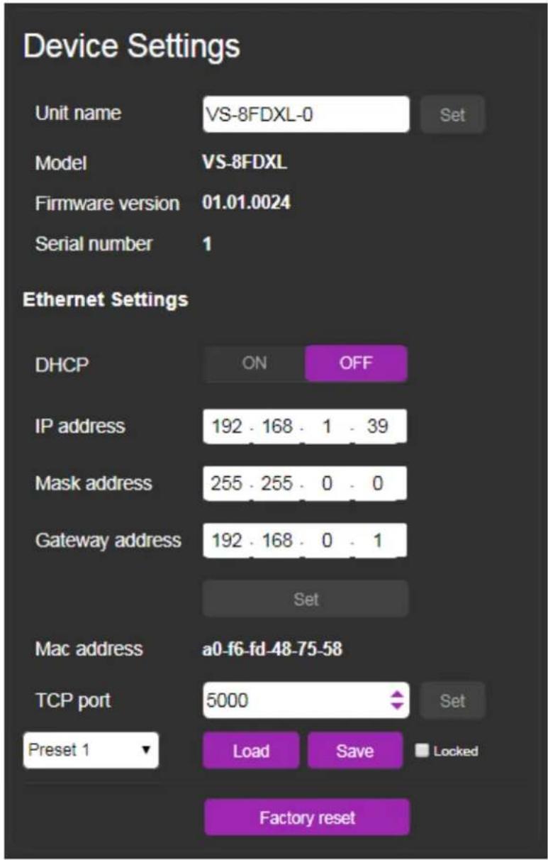 Kramer VS-8FDxl - Changing the Ethernet Settings - 1